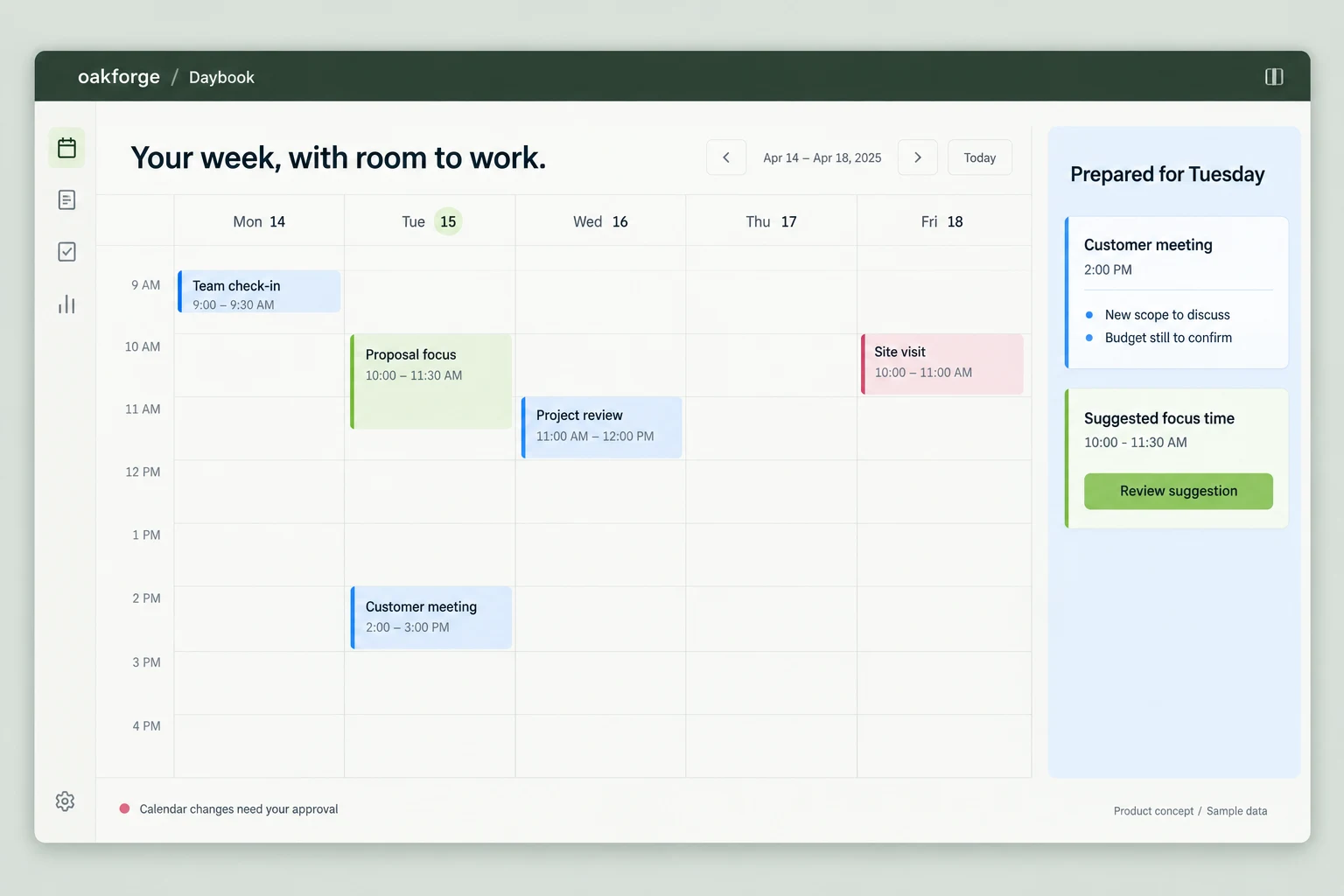Illustrative AI secretary: a weekly calendar with suggested focus time and a prepared customer meeting brief.