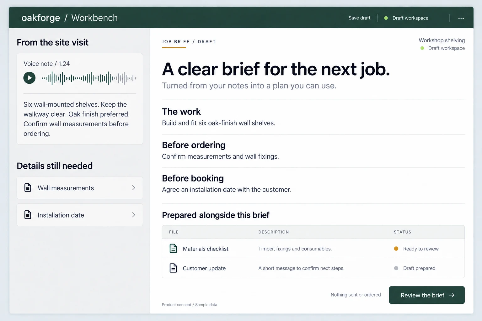 A site-visit voice note about six wall shelves becomes a job brief, materials checklist, and customer update. Measurements and installation timing remain unconfirmed.